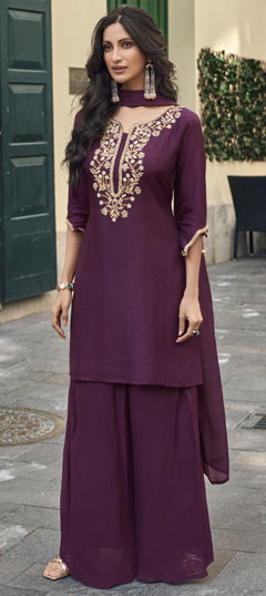 Festive, Reception, Wedding Purple and Violet color Salwar Kameez in Viscose fabric with Palazzo, Straight Embroidered, Sequence, Thread work : 1974372