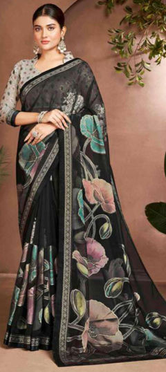 Bridal, Traditional, Wedding Black and Grey color Saree in Brasso fabric with Classic Floral, Printed work : 1974376