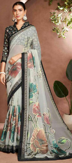 Bridal, Traditional, Wedding Black and Grey color Saree in Brasso fabric with Classic Floral, Printed work : 1974377