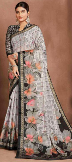 Bridal, Traditional, Wedding Black and Grey color Saree in Brasso fabric with Classic Floral, Printed work : 1974379