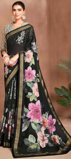 Bridal, Traditional, Wedding Black and Grey color Saree in Brasso fabric with Classic Floral, Printed work : 1974380