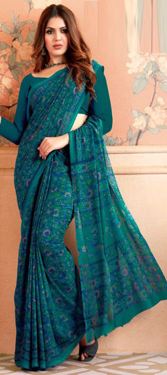 Festive, Party Wear Green color Saree in Faux Georgette fabric with Classic Floral, Printed work : 1974390