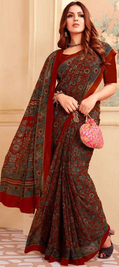 Festive, Party Wear Red and Maroon color Saree in Faux Georgette fabric with Classic Floral, Printed work : 1974394