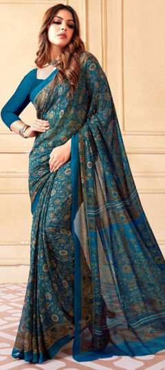 Festive, Party Wear Blue color Saree in Faux Georgette fabric with Classic Floral, Printed work : 1974395