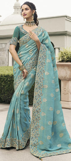 Bridal, Traditional, Wedding Blue color Saree in Silk fabric with South Embroidered, Sequence, Thread, Zari work : 1974403