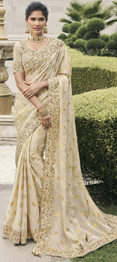 Beige and Brown color Saree in Silk fabric with Embroidered, Sequence, Thread, Zari work