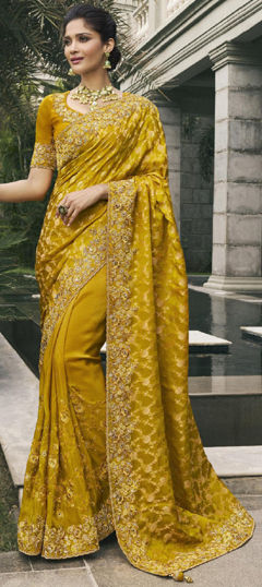 Bridal, Traditional, Wedding Gold color Saree in Silk fabric with South Embroidered, Sequence, Thread, Zari work : 1974406