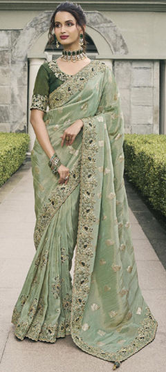 Bridal, Traditional, Wedding Green color Saree in Silk fabric with South Embroidered, Sequence, Thread, Zari work : 1974408