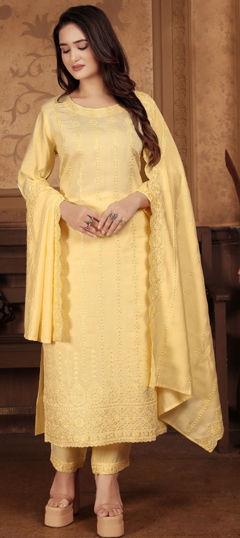 Festive, Party Wear Yellow color Salwar Kameez in Chanderi Silk fabric with Straight Embroidered, Resham, Sequence, Thread work : 1974420