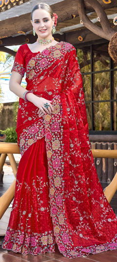 Red and Maroon color Saree in Silk fabric with Embroidered, Resham, Swarovski, Thread work