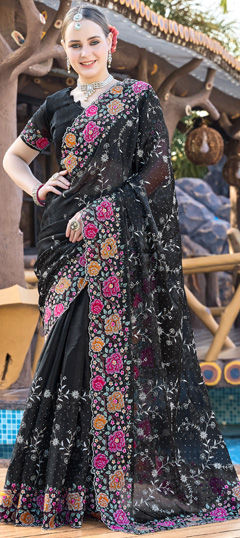 Black and Grey color Saree in Silk fabric with Embroidered, Resham, Swarovski, Thread work