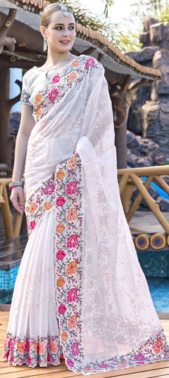 White and Off White color Saree in Silk fabric with Embroidered, Resham, Swarovski, Thread work