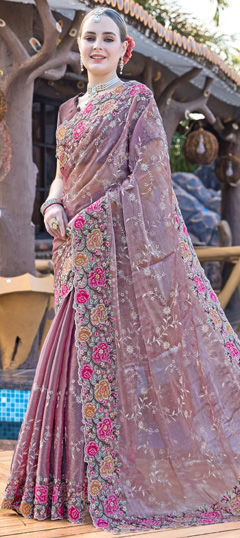 Purple and Violet color Saree in Silk fabric with Embroidered, Resham, Swarovski, Thread work