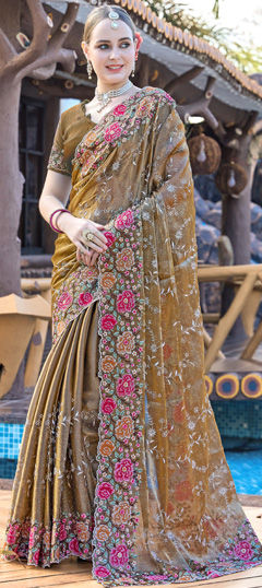 Bridal, Traditional, Wedding Gold color Saree in Silk fabric with South Embroidered, Resham, Swarovski, Thread work : 1974428