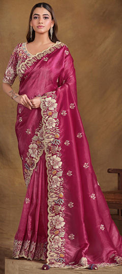 Pink and Majenta color Saree in Crushed Silk fabric with Moti, Sequence, Stone work