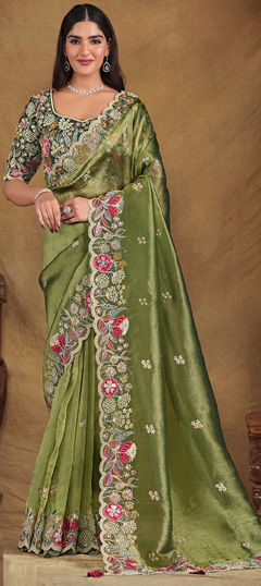 Green color Saree in Tissue fabric with Moti, Sequence work