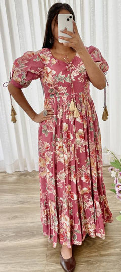 Festive, Party Wear Pink and Majenta color Dress in Silk fabric with Floral, Printed work : 1974443