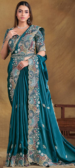 Blue color Saree in Satin Silk fabric with Moti, Sequence work