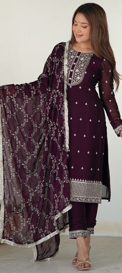 Purple and Violet color Salwar Kameez in Silk fabric with Embroidered, Resham, Sequence, Thread work