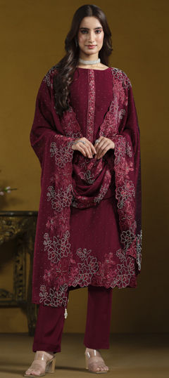 Red and Maroon color Salwar Kameez in Georgette fabric with Embroidered, Stone, Thread work