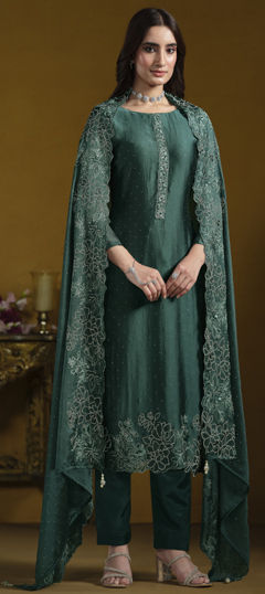 Green color Salwar Kameez in Georgette fabric with Embroidered, Stone, Thread work