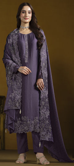 Purple and Violet color Salwar Kameez in Georgette fabric with Embroidered, Stone, Thread work