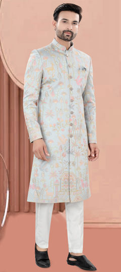 Reception, Wedding Blue color Sherwani in Jacquard fabric with Embroidered, Resham, Sequence, Thread, Zari work : 1974496