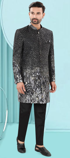 Black and Grey color IndoWestern Dress in Jacquard fabric with Embroidered, Resham, Sequence, Thread work