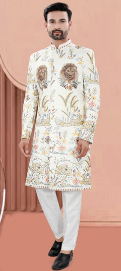 White and Off White color IndoWestern Dress in Jacquard fabric with Embroidered, Resham, Thread work