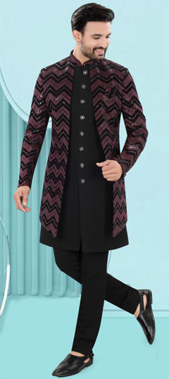 Red and Maroon color IndoWestern Dress in Velvet fabric with Embroidered, Resham, Sequence, Thread work