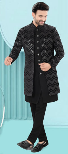 Black and Grey color IndoWestern Dress in Velvet fabric with Embroidered, Resham, Sequence, Thread work