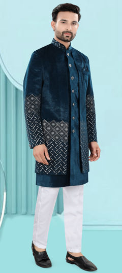 Blue color IndoWestern Dress in Velvet fabric with Embroidered, Resham, Sequence, Thread work