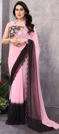 Casual Pink and Majenta color Saree in Georgette fabric with Classic Thread work : 1974554