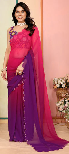 Casual Pink and Majenta, Purple and Violet color Saree in Georgette fabric with Classic Printed, Thread work : 1974559