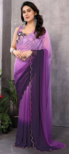 Casual Purple and Violet color Saree in Georgette fabric with Classic Printed, Thread work : 1974563