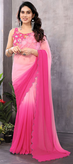 Casual Pink and Majenta color Saree in Georgette fabric with Classic Printed, Thread work : 1974564