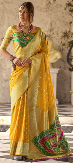 Yellow color Saree in Silk fabric with Weaving work