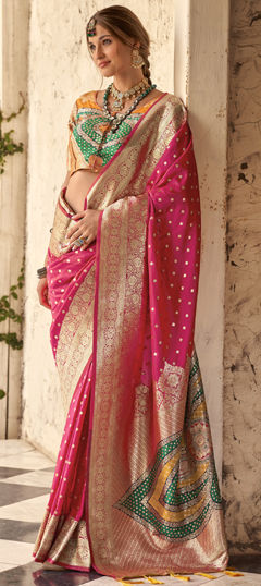 Pink and Majenta color Saree in Silk fabric with Weaving work