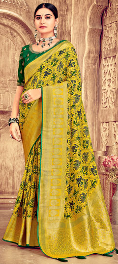 Yellow color Saree in Silk fabric with Printed work
