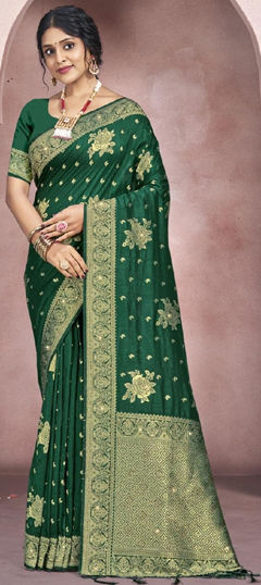 Festive, Traditional Green color Saree in Silk cotton fabric with Bengali Weaving work : 1974612