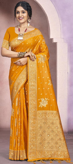 Festive, Traditional Yellow color Saree in Silk cotton fabric with Bengali Weaving work : 1974613