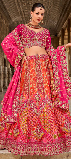 Bridal, Engagement, Wedding Orange, Pink and Majenta color Lehenga in Banarasi Silk fabric with Flared Border, Embroidered, Printed, Sequence, Stone, Thread, Weaving, Zircon work : 1974618