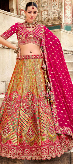 Bridal, Engagement, Wedding Beige and Brown, Pink and Majenta color Lehenga in Banarasi Silk fabric with Flared Border, Embroidered, Printed, Sequence, Stone, Thread, Weaving, Zircon work : 1974619