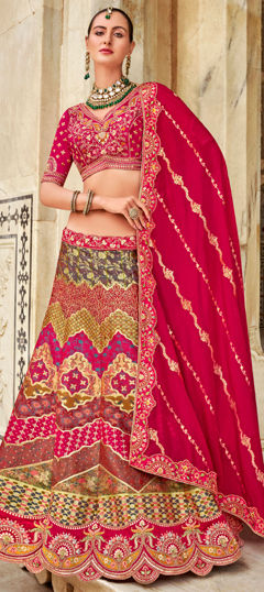 Bridal, Engagement, Wedding Multicolor color Lehenga in Banarasi Silk fabric with Flared Border, Embroidered, Printed, Sequence, Stone, Thread, Weaving, Zircon work : 1974622