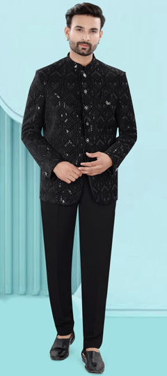 Black and Grey color Jodhpuri Suit in Velvet fabric with Embroidered, Resham, Sequence work