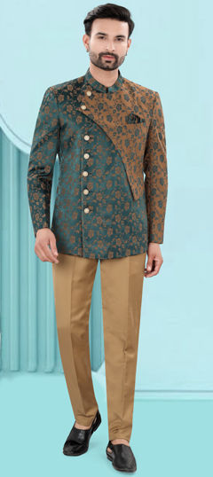 Blue color Jodhpuri Suit in Jacquard fabric with Embroidered, Resham, Sequence work