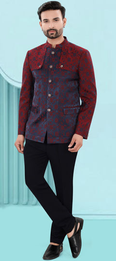 Blue color Jodhpuri Suit in Jacquard fabric with Embroidered, Resham, Sequence work