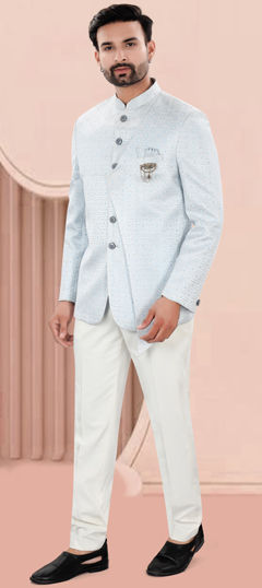 Blue color Jodhpuri Suit in Jacquard fabric with Embroidered, Resham, Sequence work