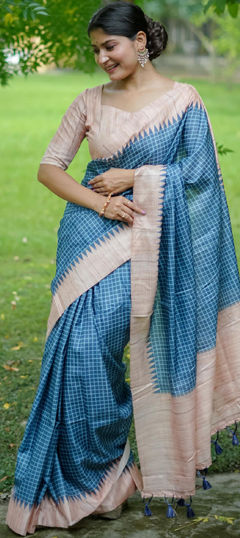 Blue color Saree in Tussar Silk fabric with Printed work