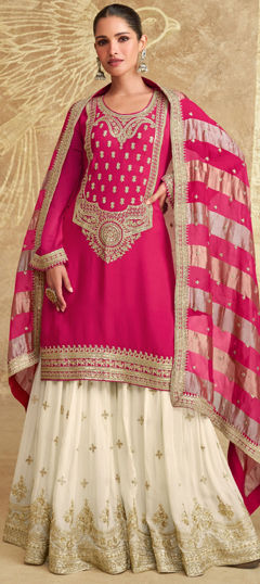 Festive, Party Wear, Wedding Pink and Majenta color Salwar Kameez in Silk fabric with Palazzo, Straight Embroidered, Sequence, Thread work : 1974654